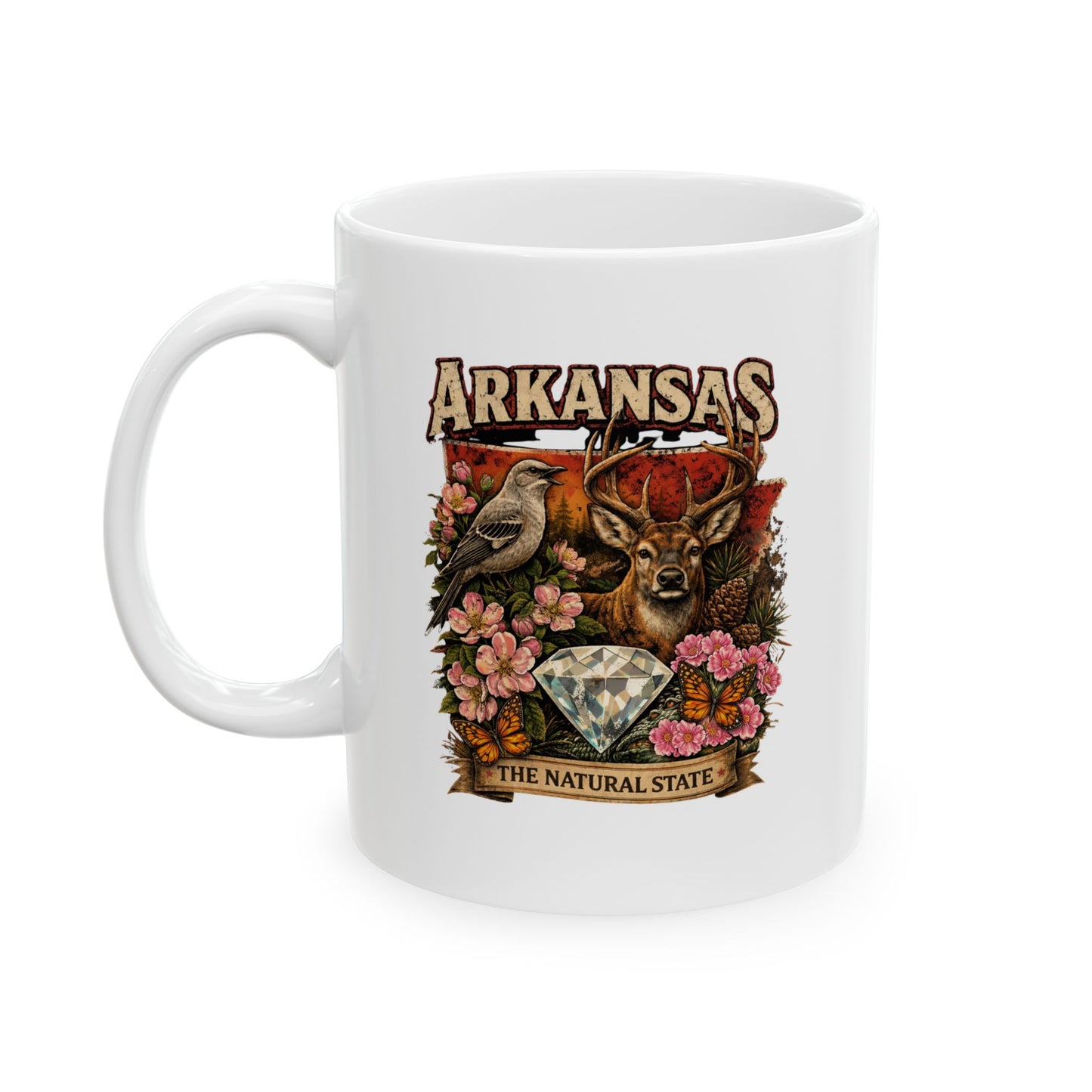 Arkansas Heritage Ceramic Mug — Whitetail Deer & Diamond State Design (11oz)