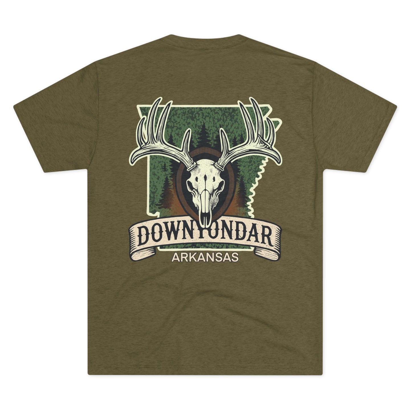 DownYondAR Arkansas Hunting Tee – Deer Skull Back Print | Unisex Tri-Blend Crew Shirt