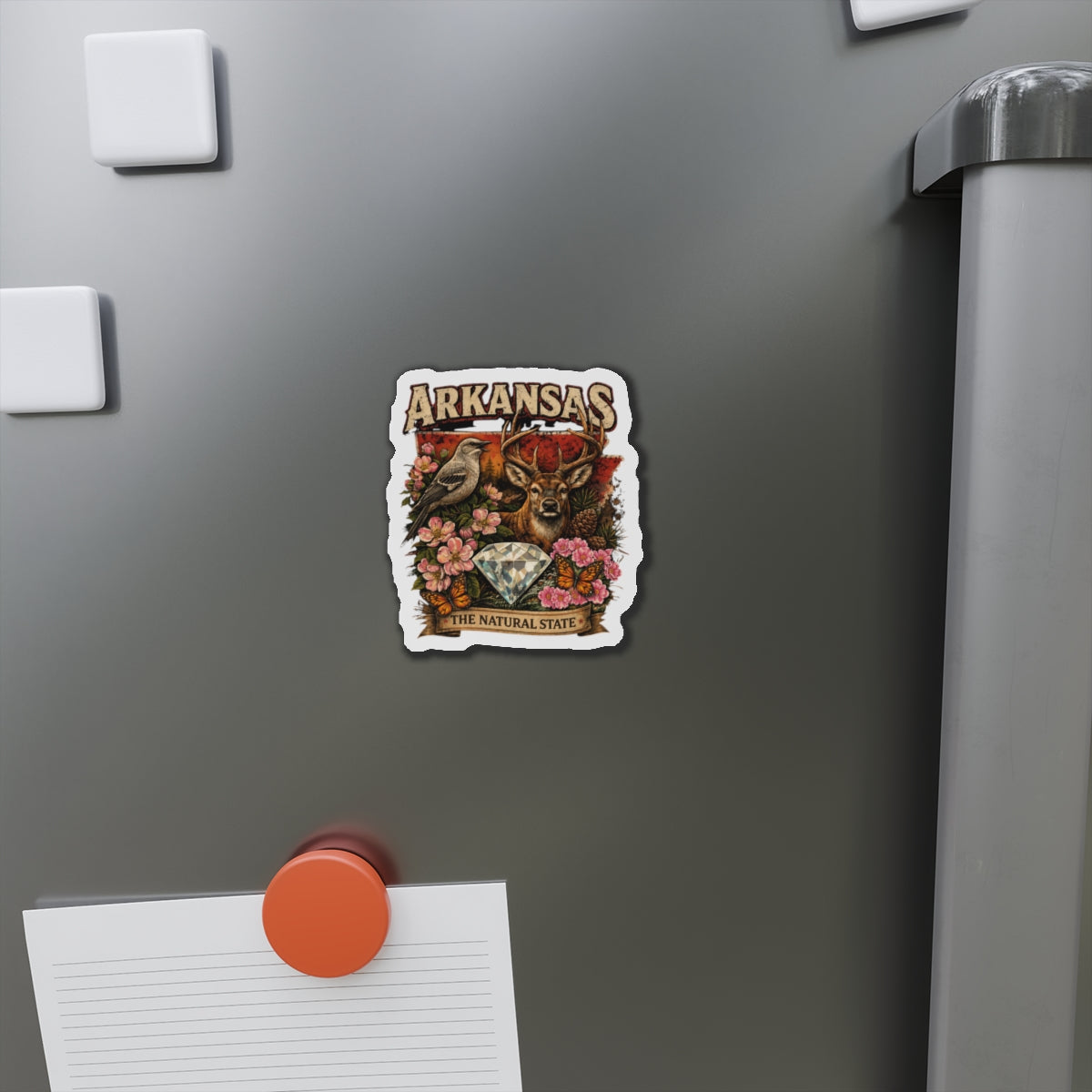 Arkansas Heritage Die-Cut Magnet — 'The Natural State' Diamond, Deer & State Wildlife Design