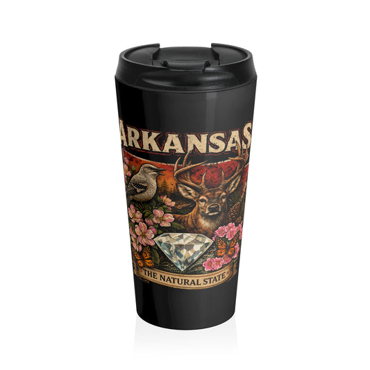 Arkansas Heritage Stainless Steel Travel Mug — "The Natural State" Deer & Diamond Design