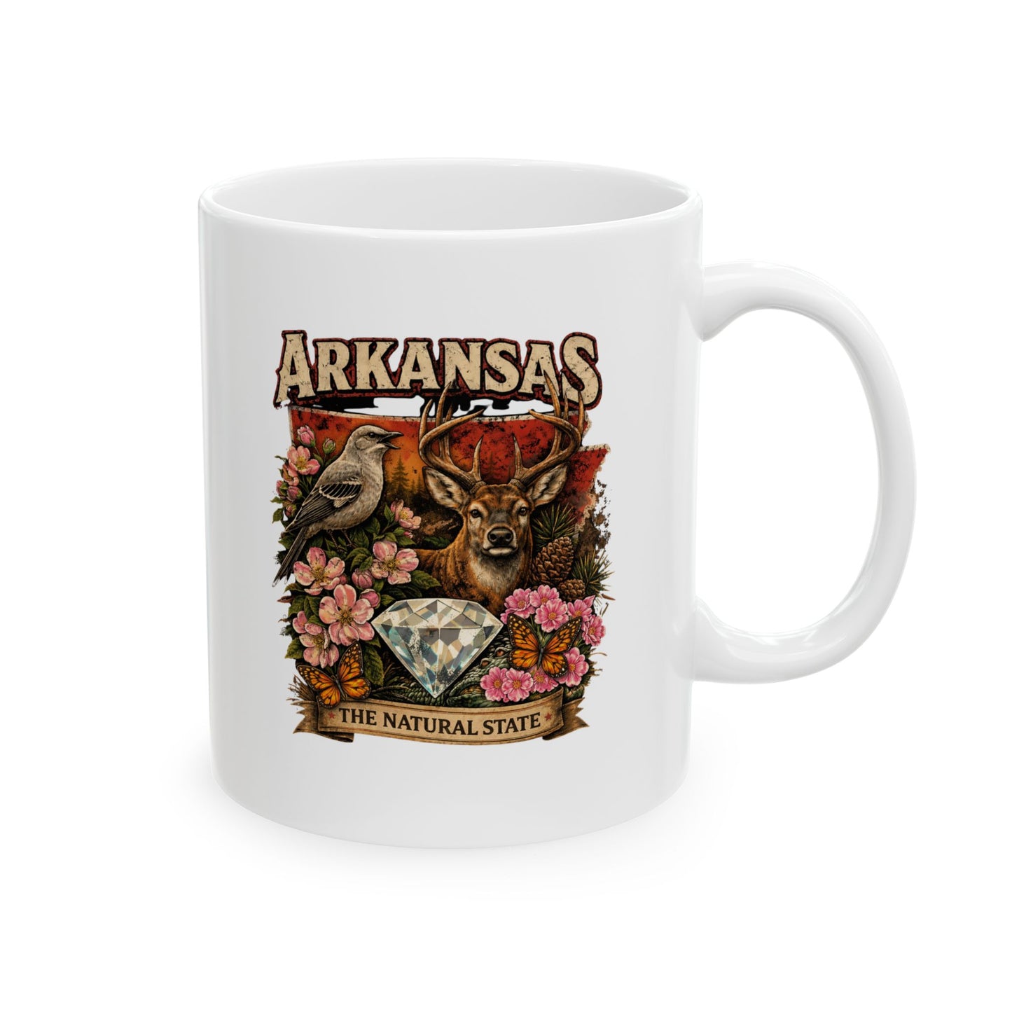 Arkansas Heritage Ceramic Mug — Whitetail Deer & Diamond State Design (11oz)