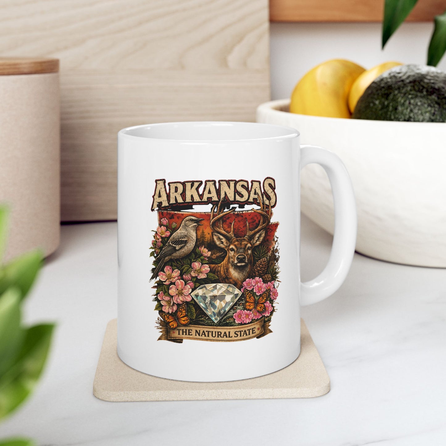 Arkansas Heritage Ceramic Mug — Whitetail Deer & Diamond State Design (11oz)