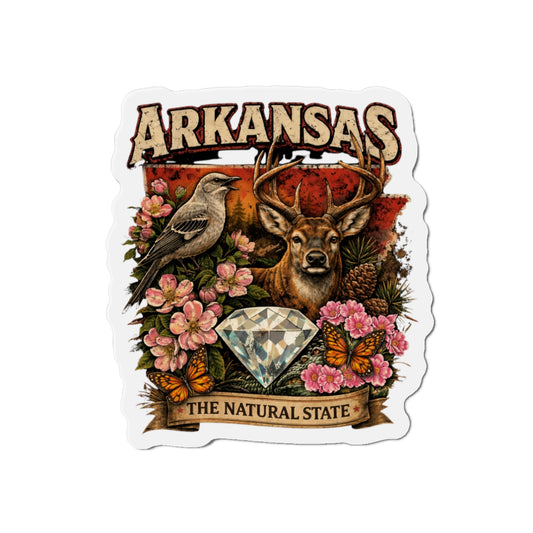 Arkansas Heritage Die-Cut Magnet — 'The Natural State' Diamond, Deer & State Wildlife Design