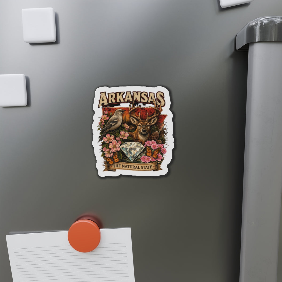 Arkansas Heritage Die-Cut Magnet — 'The Natural State' Diamond, Deer & State Wildlife Design