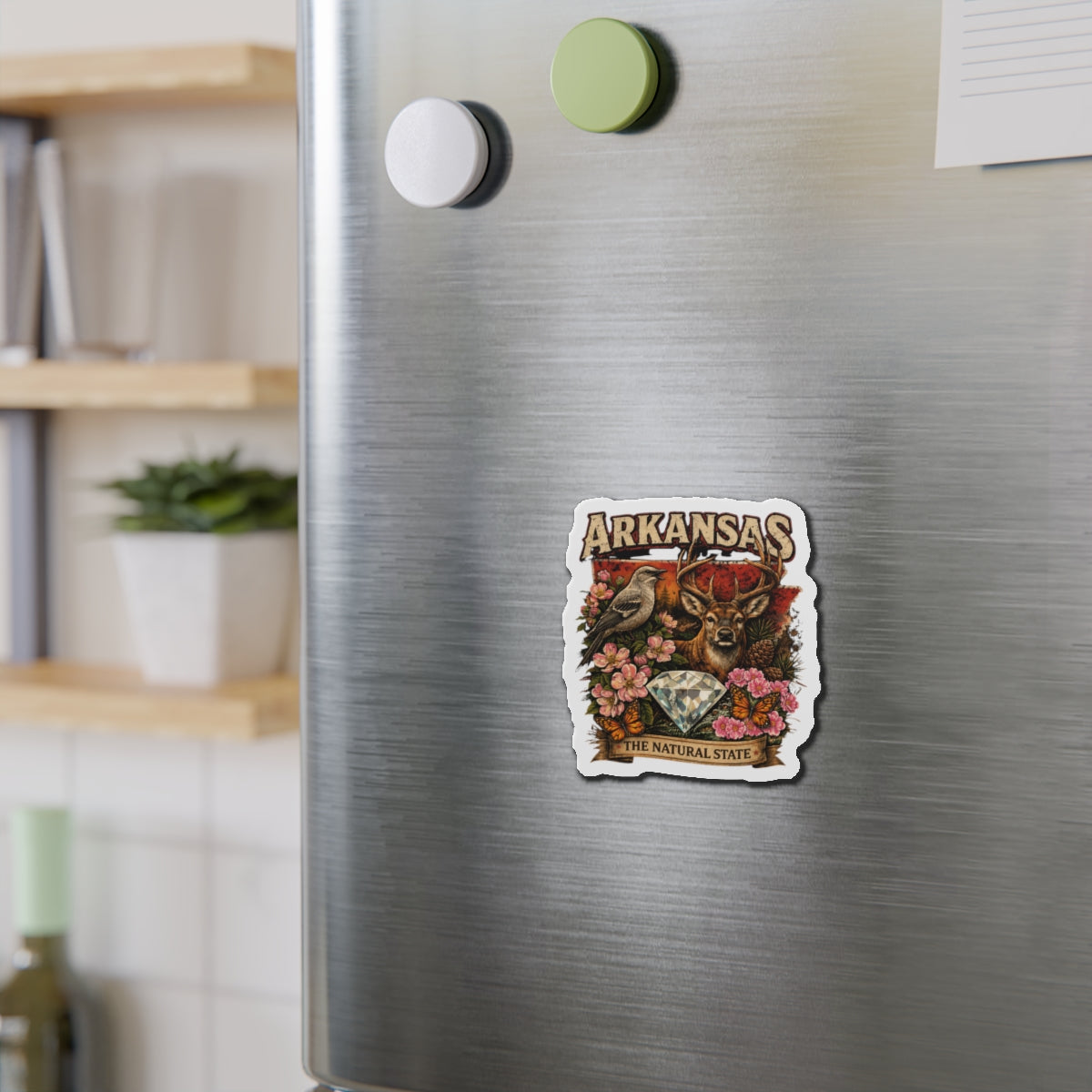 Arkansas Heritage Die-Cut Magnet — 'The Natural State' Diamond, Deer & State Wildlife Design