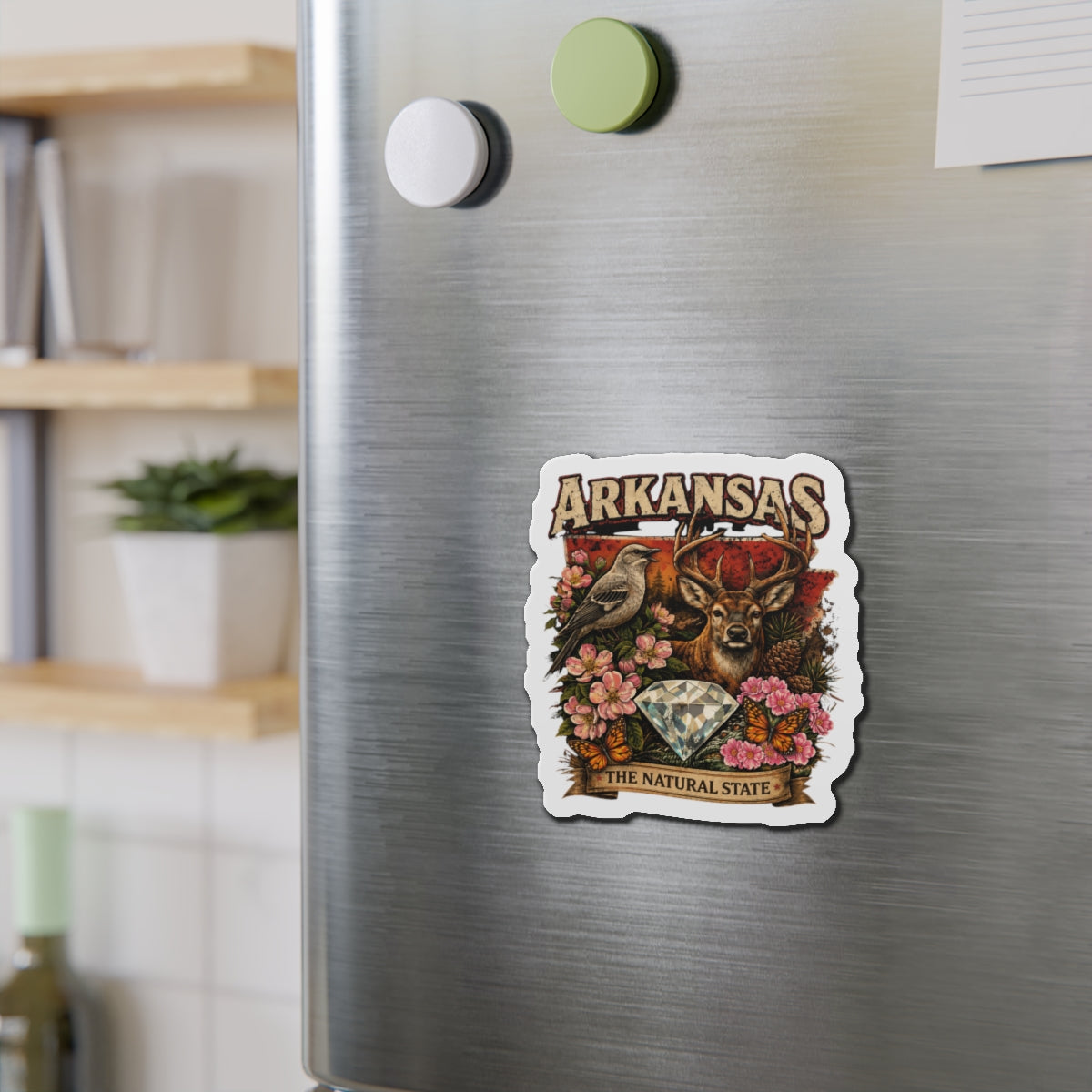 Arkansas Heritage Die-Cut Magnet — 'The Natural State' Diamond, Deer & State Wildlife Design