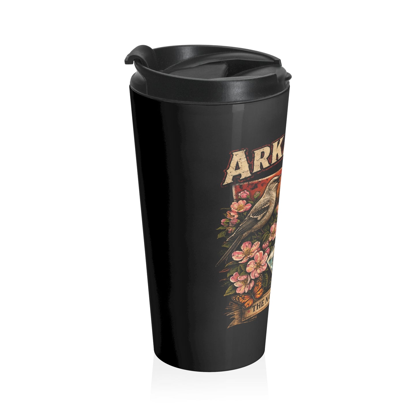 Arkansas Heritage Stainless Steel Travel Mug — "The Natural State" Deer & Diamond Design
